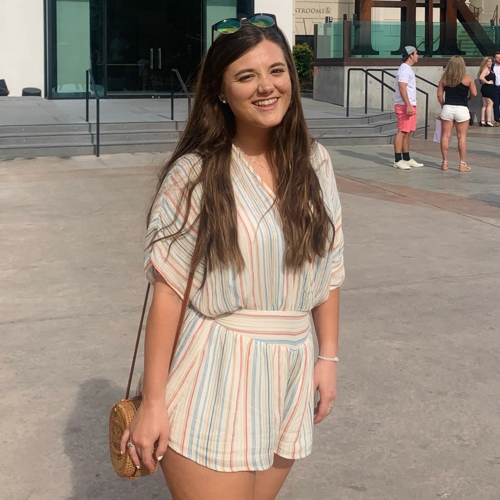 Urban Outfitters Striped V-Neck Romper in Cream with Blue & Coral Stripes